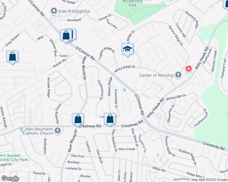 map of restaurants, bars, coffee shops, grocery stores, and more near 9563 Dunstable Drive in San Antonio