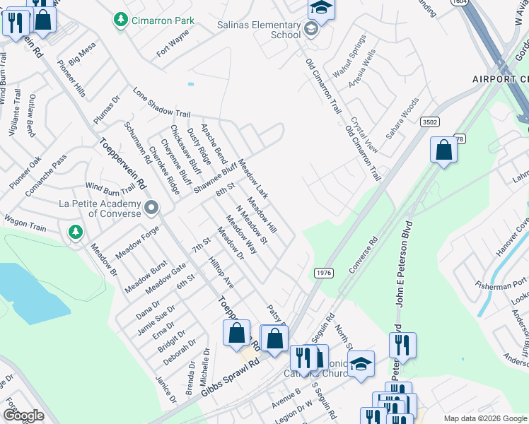 map of restaurants, bars, coffee shops, grocery stores, and more near 128 Meadow Hill in Converse