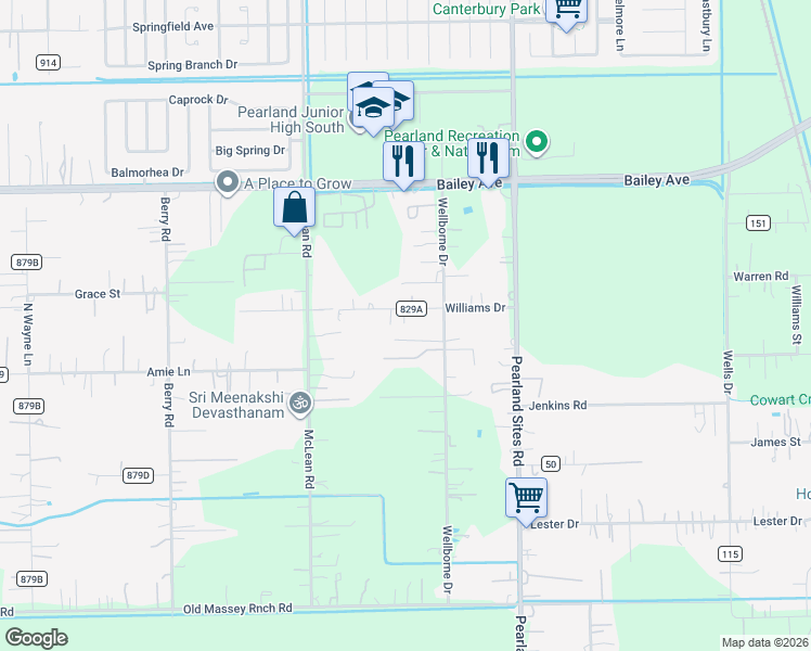 map of restaurants, bars, coffee shops, grocery stores, and more near 7210 Williams Road in Pearland