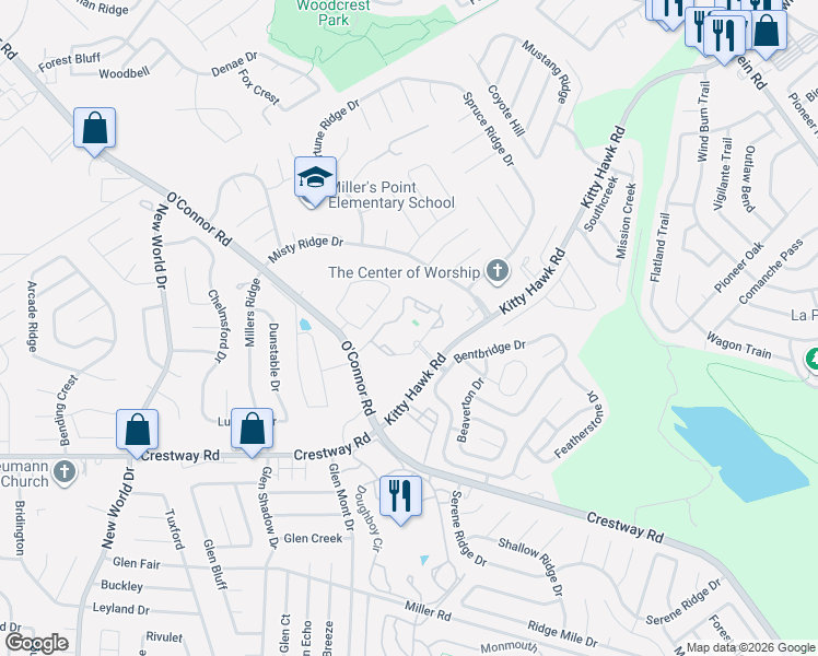 map of restaurants, bars, coffee shops, grocery stores, and more near 7461 Kitty Hawk Road in Converse