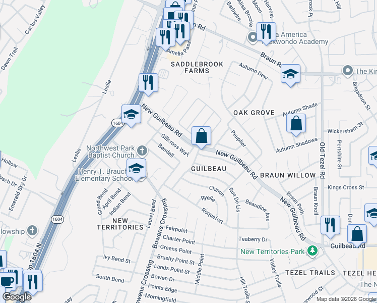 map of restaurants, bars, coffee shops, grocery stores, and more near 9303 Gillcross Way in San Antonio