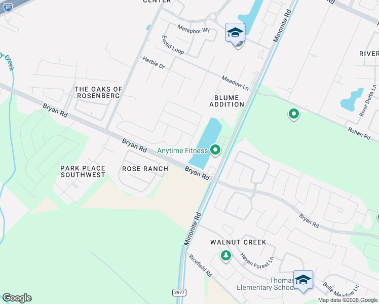 map of restaurants, bars, coffee shops, grocery stores, and more near 6035 Bryan Road in Rosenberg