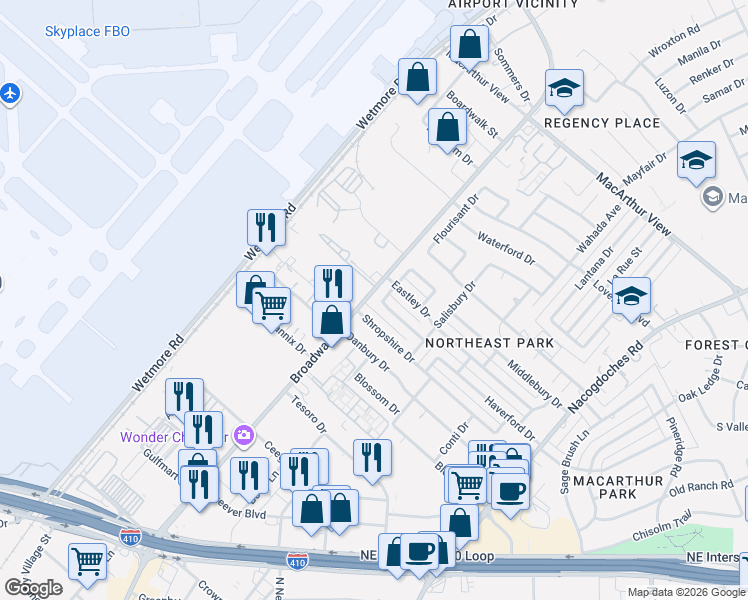 map of restaurants, bars, coffee shops, grocery stores, and more near 9315 Broadway in San Antonio