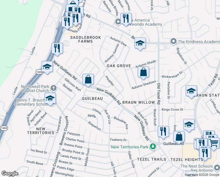 map of restaurants, bars, coffee shops, grocery stores, and more near 9410 De Sapin in San Antonio