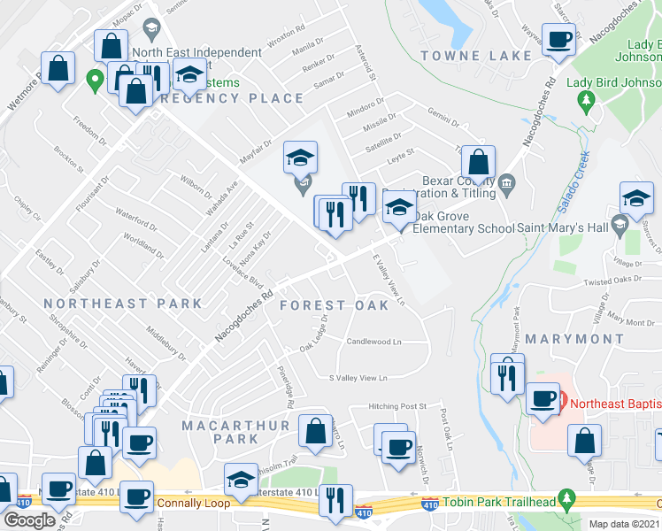 map of restaurants, bars, coffee shops, grocery stores, and more near 3022 Nacogdoches Rd in San Antonio