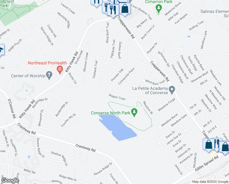 map of restaurants, bars, coffee shops, grocery stores, and more near 10081 Palomino Canyon in Converse