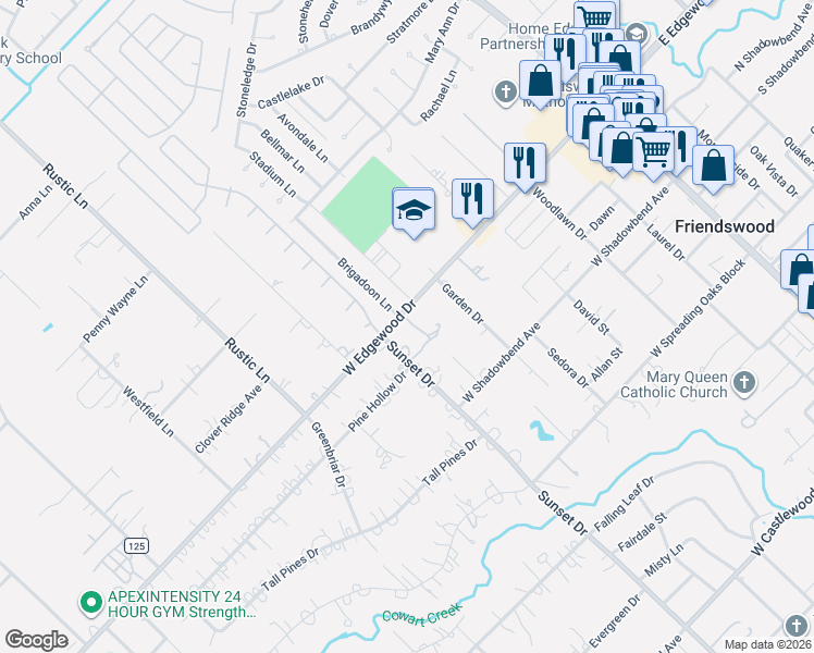map of restaurants, bars, coffee shops, grocery stores, and more near 605 West Edgewood Drive in Friendswood