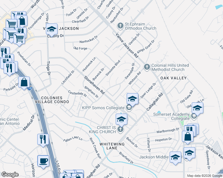 map of restaurants, bars, coffee shops, grocery stores, and more near 3130 Swandale Street in San Antonio