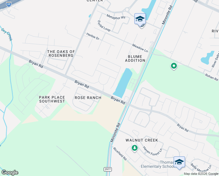 map of restaurants, bars, coffee shops, grocery stores, and more near 6035 Bryan Road in Rosenberg