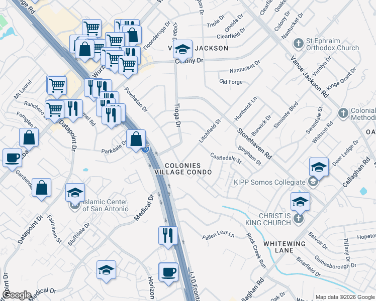 map of restaurants, bars, coffee shops, grocery stores, and more near 3722 Litchfield Street in San Antonio