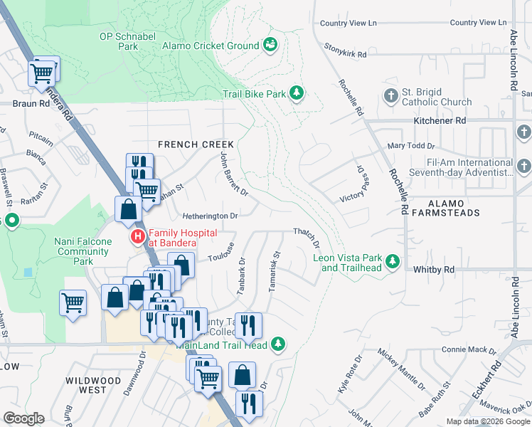 map of restaurants, bars, coffee shops, grocery stores, and more near 8911 Oakwood Court in San Antonio