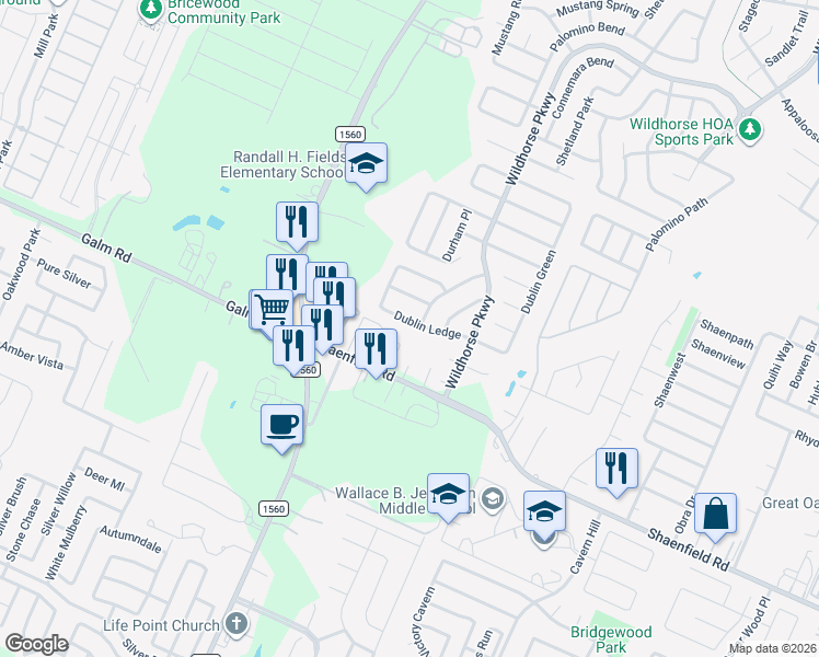 map of restaurants, bars, coffee shops, grocery stores, and more near 11154 Dublin Circle in San Antonio