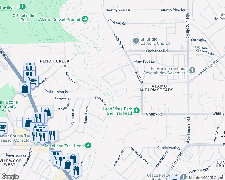 map of restaurants, bars, coffee shops, grocery stores, and more near 9131 Maverick Pass in San Antonio