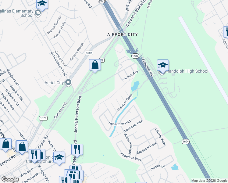 map of restaurants, bars, coffee shops, grocery stores, and more near 9747 Harbor Mist Lane in Converse