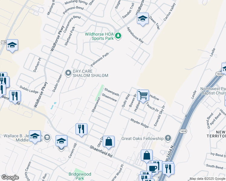 map of restaurants, bars, coffee shops, grocery stores, and more near 10635 Shaenpath in San Antonio