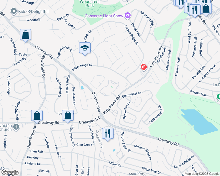 map of restaurants, bars, coffee shops, grocery stores, and more near 7461 Kitty Hawk Road in Converse