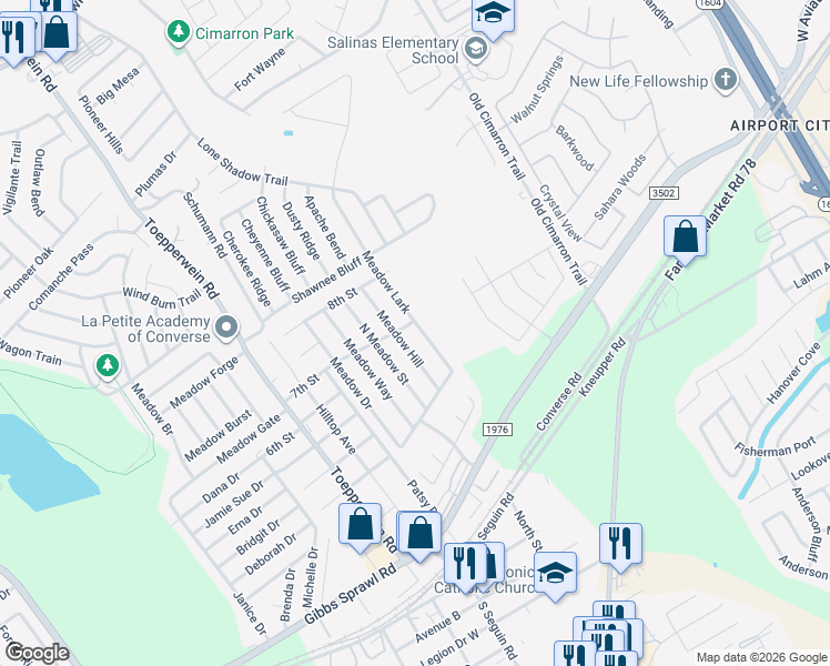 map of restaurants, bars, coffee shops, grocery stores, and more near 128 Meadow Hill in Converse