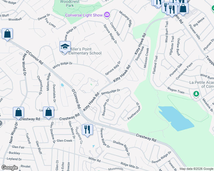 map of restaurants, bars, coffee shops, grocery stores, and more near 7455 Kitty Hawk Road in Universal City
