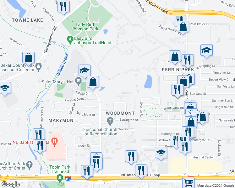 map of restaurants, bars, coffee shops, grocery stores, and more near 15 Pebbleshire in San Antonio