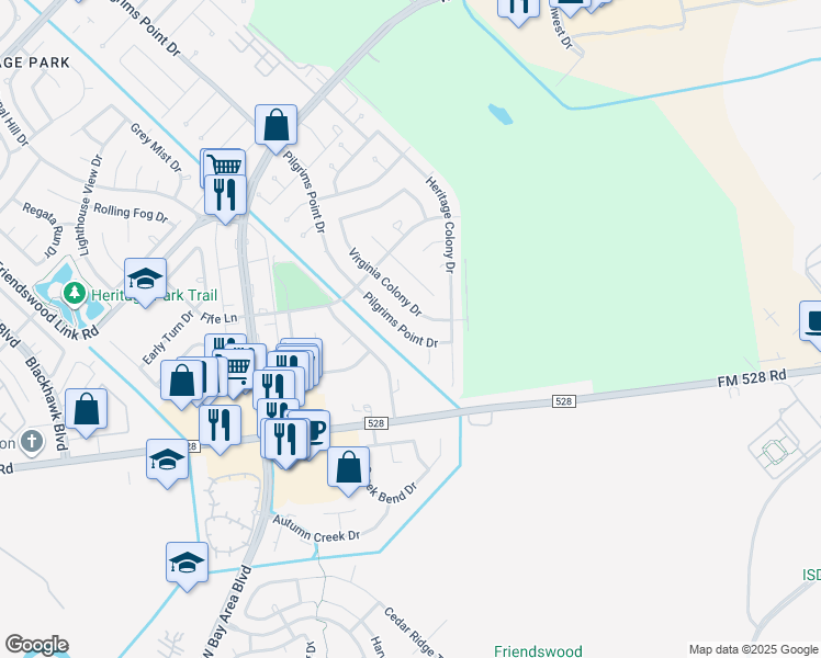 map of restaurants, bars, coffee shops, grocery stores, and more near 2851 Pilgrims Point Drive in Webster