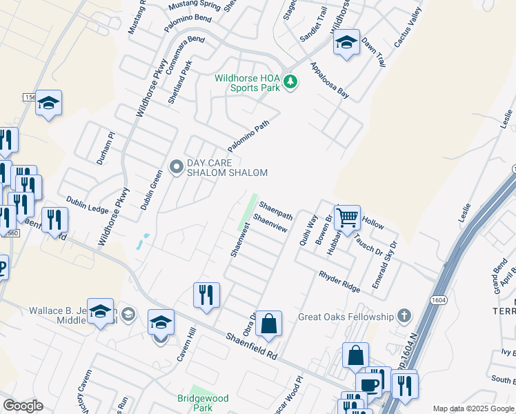 map of restaurants, bars, coffee shops, grocery stores, and more near 10734 Shaenpath in San Antonio