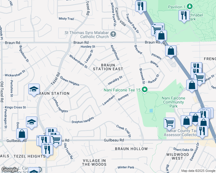 map of restaurants, bars, coffee shops, grocery stores, and more near 8440 Heraldry Street in San Antonio