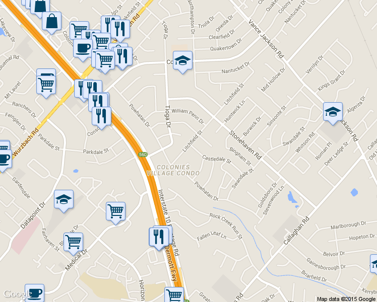 map of restaurants, bars, coffee shops, grocery stores, and more near 3722 Litchfield Street in San Antonio