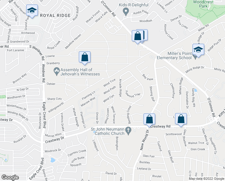 map of restaurants, bars, coffee shops, grocery stores, and more near 6510 Wind Path in San Antonio