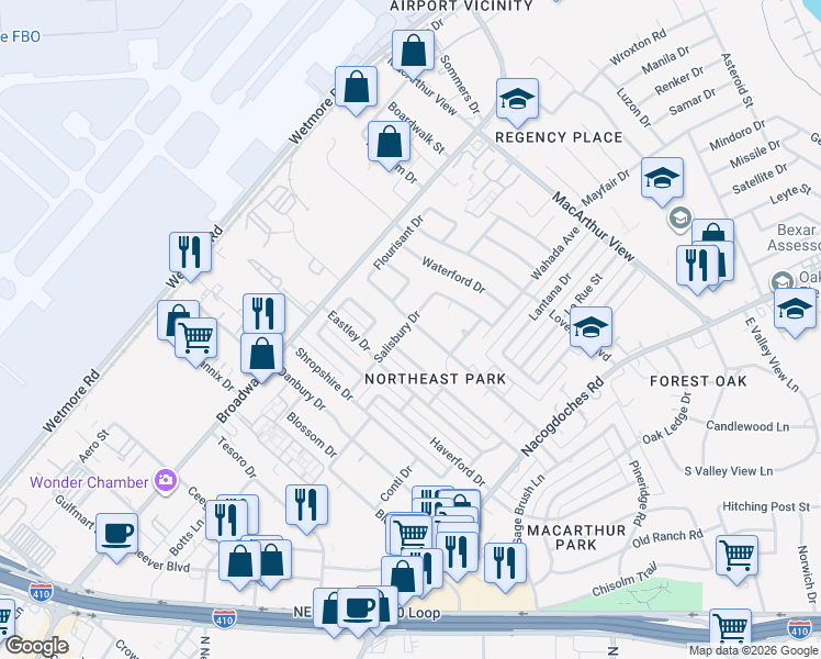 map of restaurants, bars, coffee shops, grocery stores, and more near 2606 Woodbury Drive in San Antonio