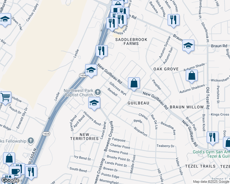 map of restaurants, bars, coffee shops, grocery stores, and more near 9331 Bendell in San Antonio