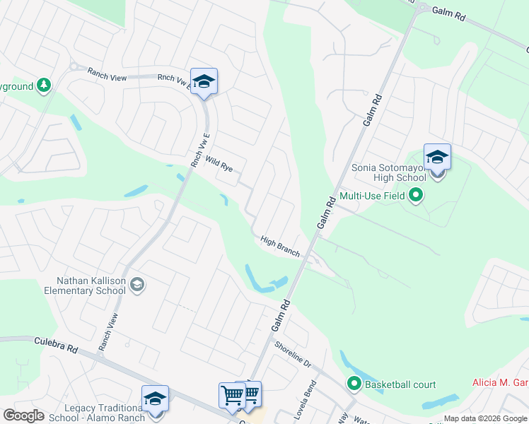 map of restaurants, bars, coffee shops, grocery stores, and more near 8938 High Branch in San Antonio