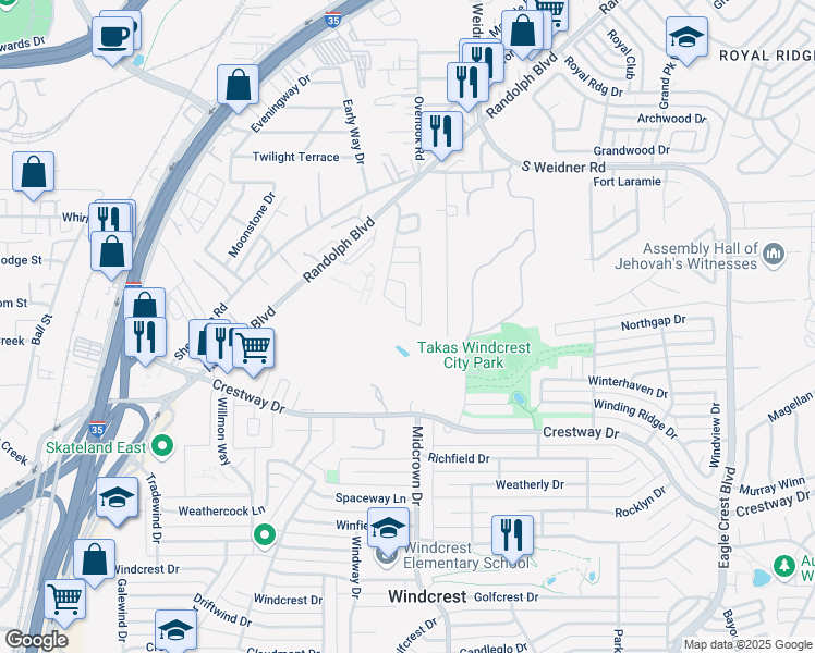 map of restaurants, bars, coffee shops, grocery stores, and more near 52 Adkins Ridge in San Antonio