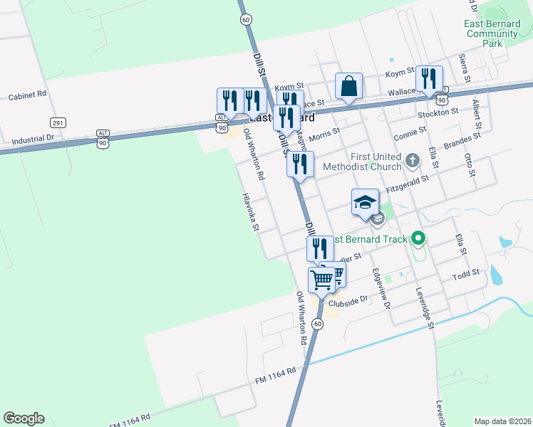 map of restaurants, bars, coffee shops, grocery stores, and more near 414 Wharton Road in East Bernard