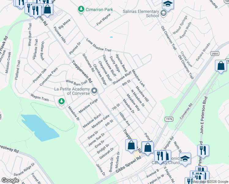map of restaurants, bars, coffee shops, grocery stores, and more near 8416 8th Street in Converse