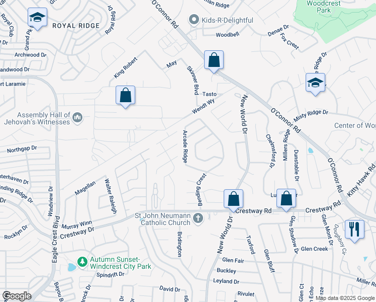 map of restaurants, bars, coffee shops, grocery stores, and more near 9606 Arcade Ridge in San Antonio