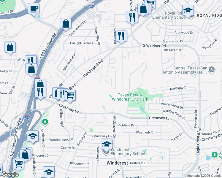map of restaurants, bars, coffee shops, grocery stores, and more near 52 Adkins Ridge in San Antonio