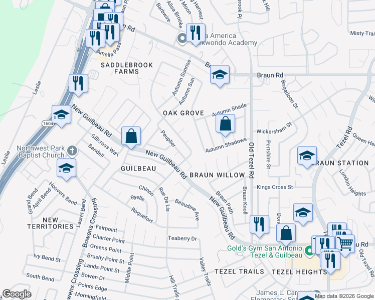map of restaurants, bars, coffee shops, grocery stores, and more near 9111 Autumn Branches in San Antonio