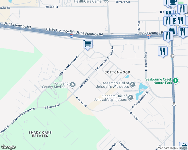 map of restaurants, bars, coffee shops, grocery stores, and more near 1312 Barton Creek Lane in Rosenberg