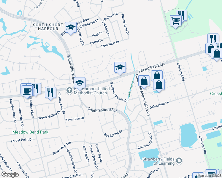 map of restaurants, bars, coffee shops, grocery stores, and more near 105 South Laguna Pointe Drive in League City