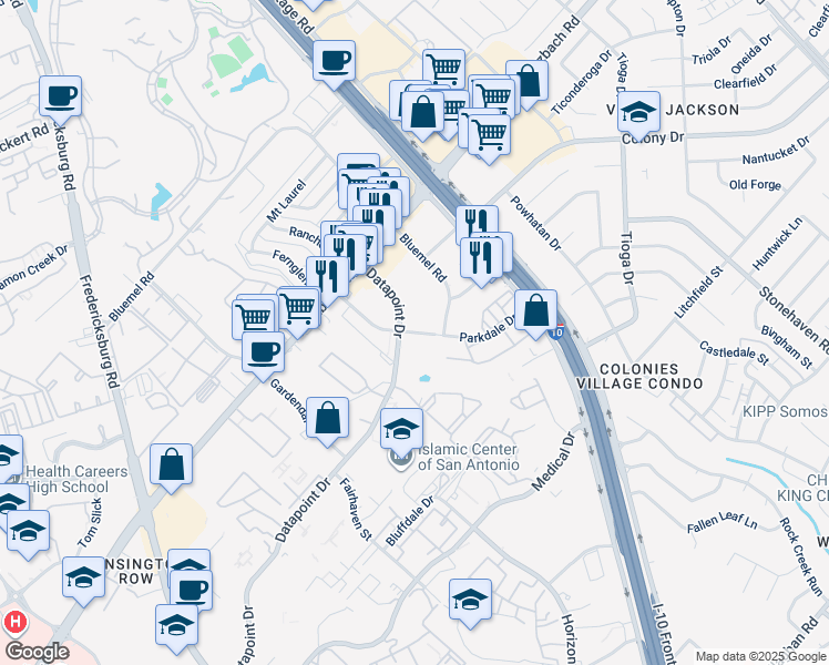 map of restaurants, bars, coffee shops, grocery stores, and more near Parkdale Street in San Antonio