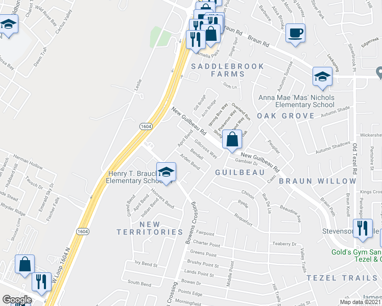 map of restaurants, bars, coffee shops, grocery stores, and more near 9331 Bendell in San Antonio
