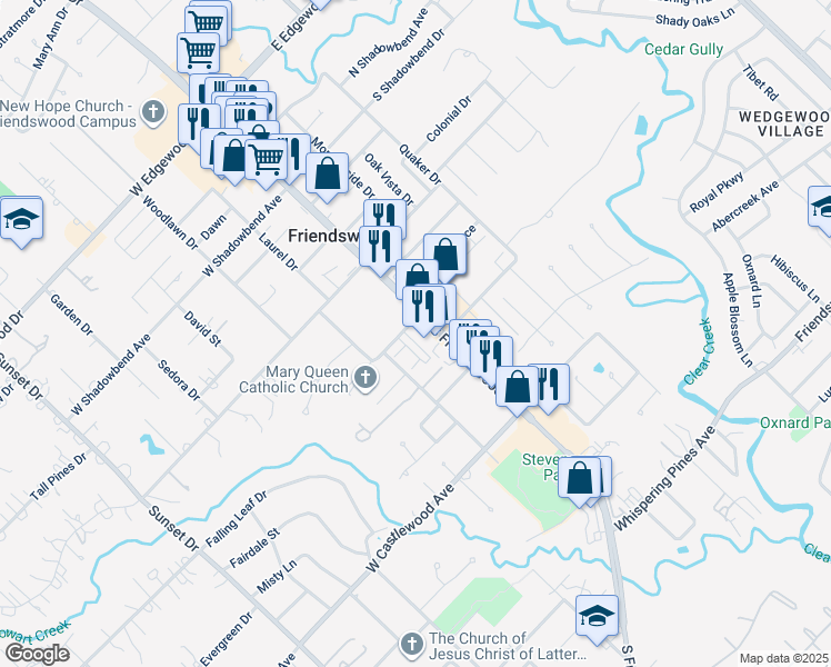 map of restaurants, bars, coffee shops, grocery stores, and more near 606 South Friendswood Drive in Friendswood