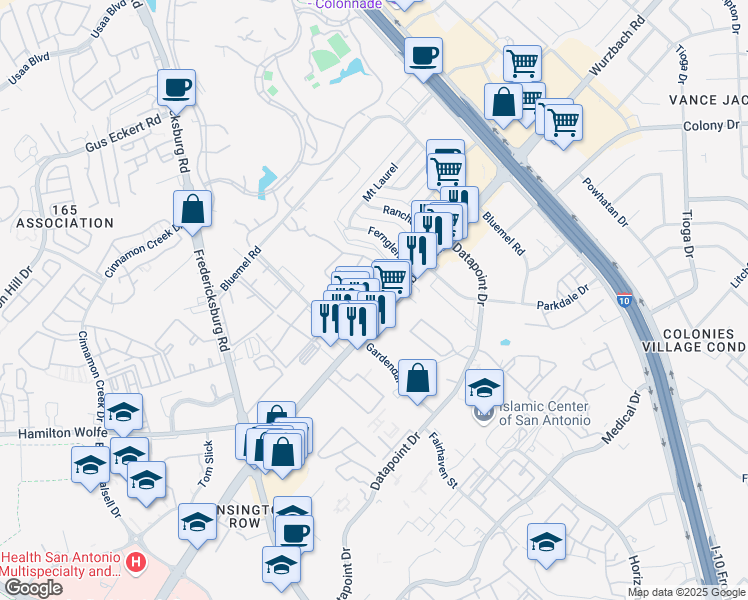 map of restaurants, bars, coffee shops, grocery stores, and more near 8935 Wurzbach Road in San Antonio