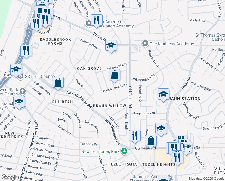 map of restaurants, bars, coffee shops, grocery stores, and more near 9606 Autumn Shadows in San Antonio