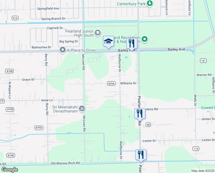map of restaurants, bars, coffee shops, grocery stores, and more near 7210 Williams Road in Pearland