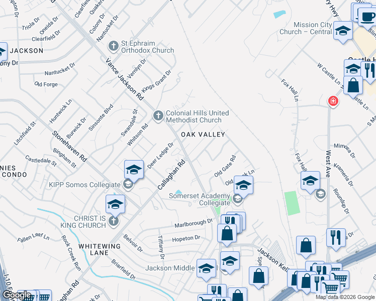 map of restaurants, bars, coffee shops, grocery stores, and more near 9303 Callaghan Road in San Antonio
