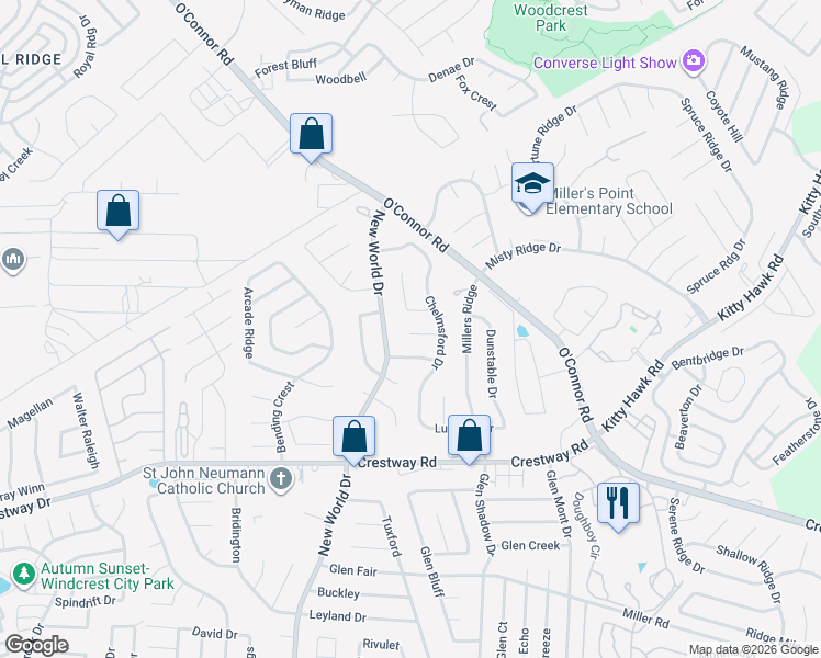 map of restaurants, bars, coffee shops, grocery stores, and more near 607 Chelsea Wood Drive in San Antonio