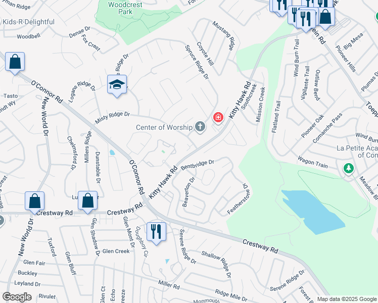 map of restaurants, bars, coffee shops, grocery stores, and more near 7455 Kitty Hawk Road in Universal City