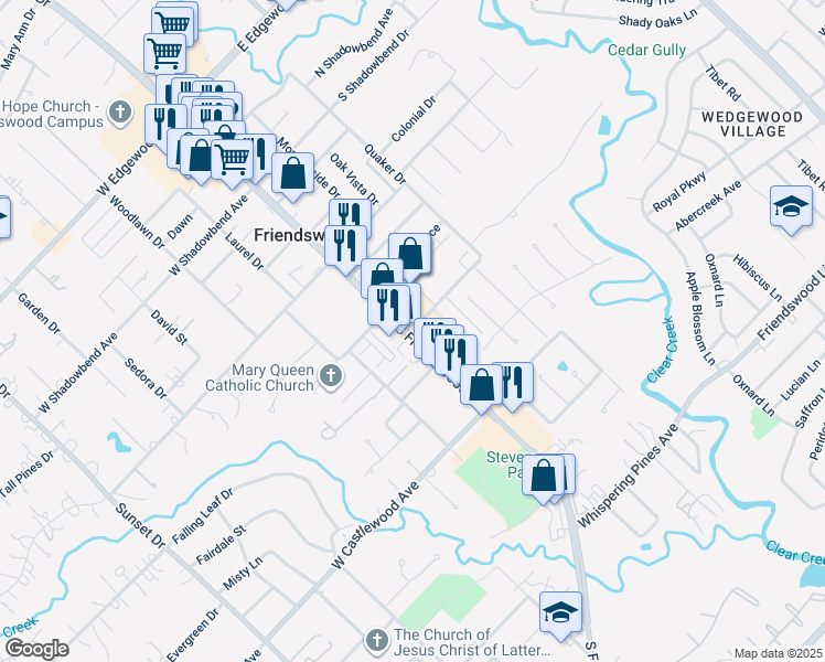 map of restaurants, bars, coffee shops, grocery stores, and more near 111 Clearview Avenue in Friendswood