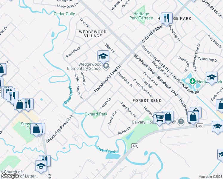 map of restaurants, bars, coffee shops, grocery stores, and more near 4111 Hibiscus Lane in Friendswood
